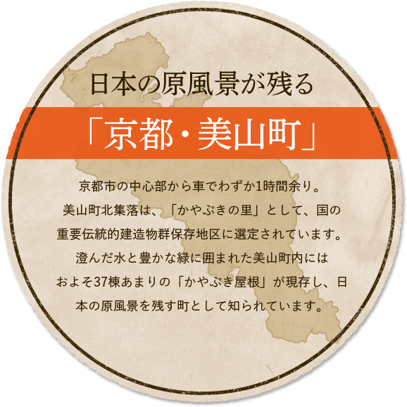 日本の原風景が残る「京都美山町」京都市の中心部から車でわずか1時間余り。美山町北集落は、「かやぶきの里」として、国の重要伝統的建造物群保存地区に選定されています。澄んだ水と豊かな緑に囲まれた美山町内にはおおよそ150棟余りの「かやぶき屋根」が現存し、日本の原風景を残す町として知られています。