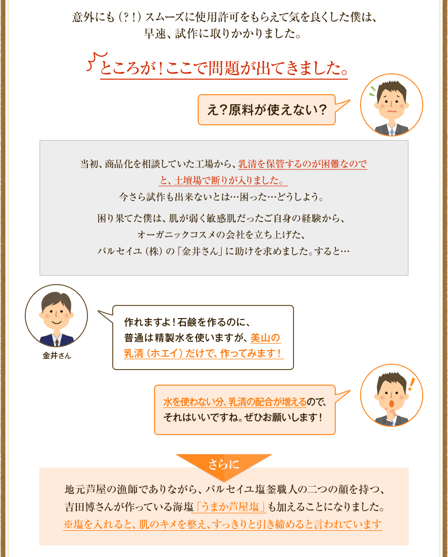 ところが！ここで問題が出てきました。作れますよ！石鹸を作るのに、普通は精製水を使いますが、美山の乳清（ホエイ）だけで、作ってみます！地元芦屋の漁師でありながら、パルセイユ塩釜職人の二つの顔を持つ、吉田博さんが作っている海塩「うまか芦屋塩」も加えることになりました。※塩を入れると、肌のキメを整え、すっきりと引き締めると言われています